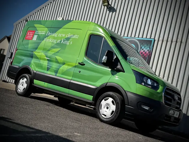 The larger electric Transit, front three-quarter