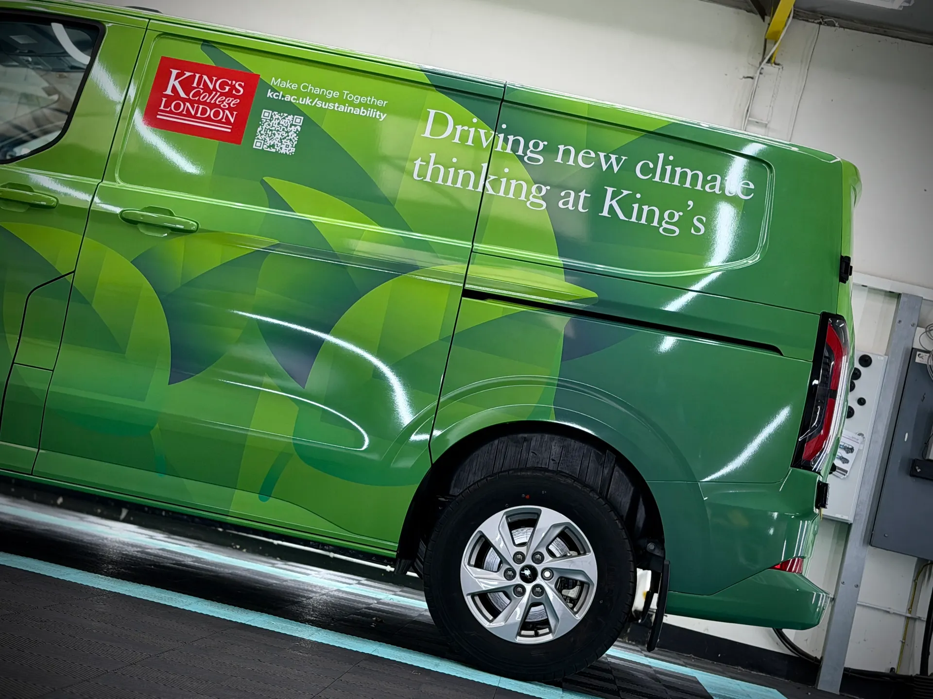 King's College London green van with climate campaign branding by P1 Wraps